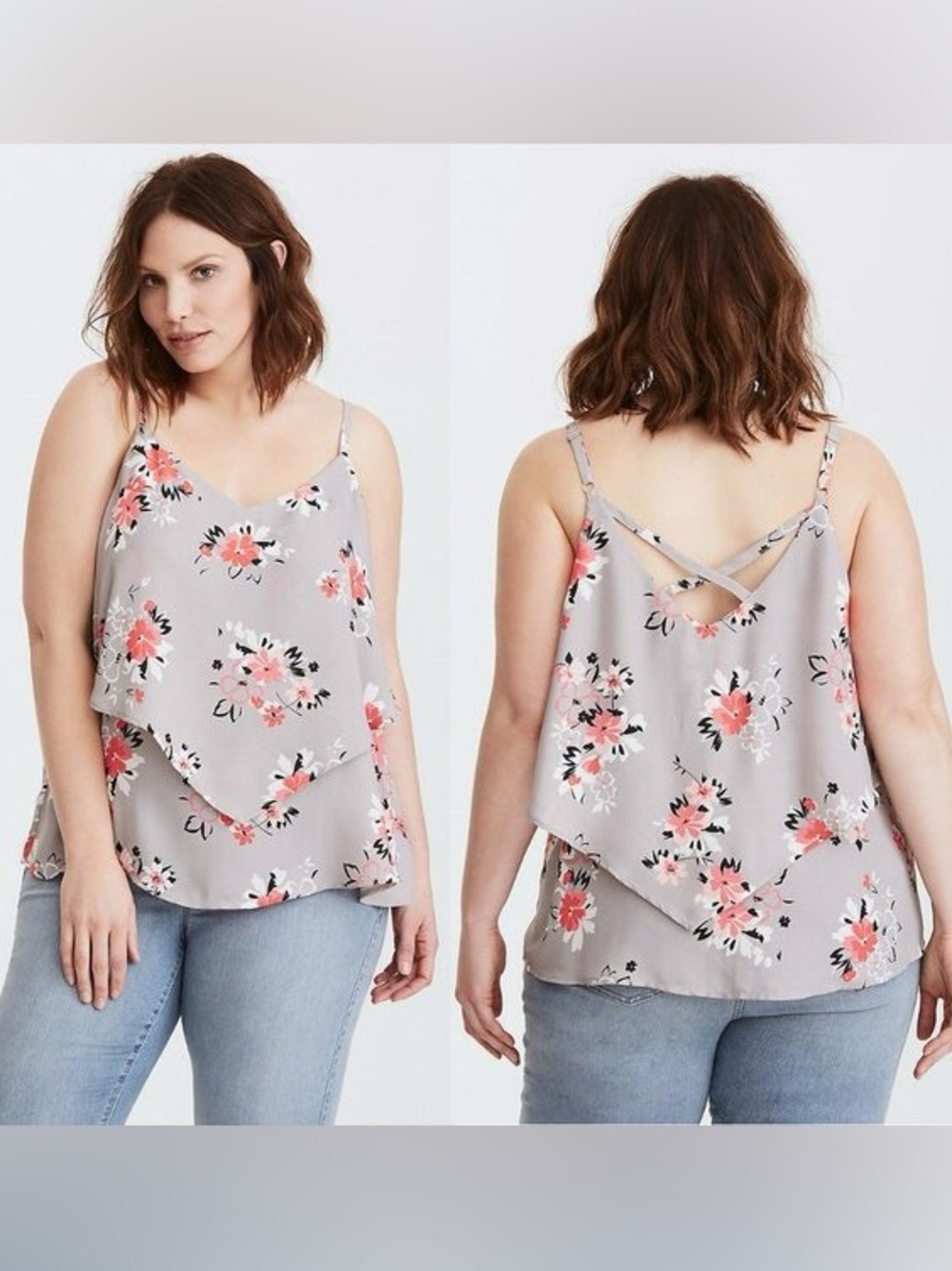 Torrid Floral Ruffle Cami Tank Top - Gray with Pink Flowers